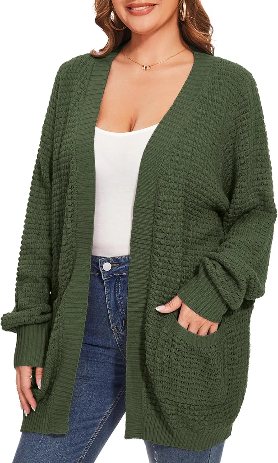 Cardigan Sweaters for Women Plus Size Waffle Knit Long Sleeve Womens Fall Open Front Sweaters Tops with Pockets