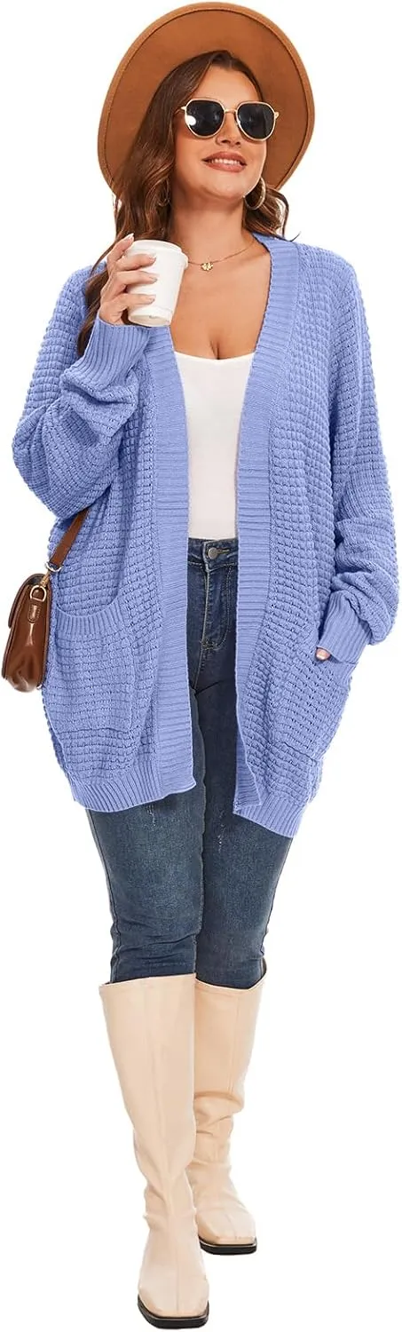 Cardigan Sweaters for Women Plus Size Waffle Knit Long Sleeve Womens Fall Open Front Sweaters Tops with Pockets