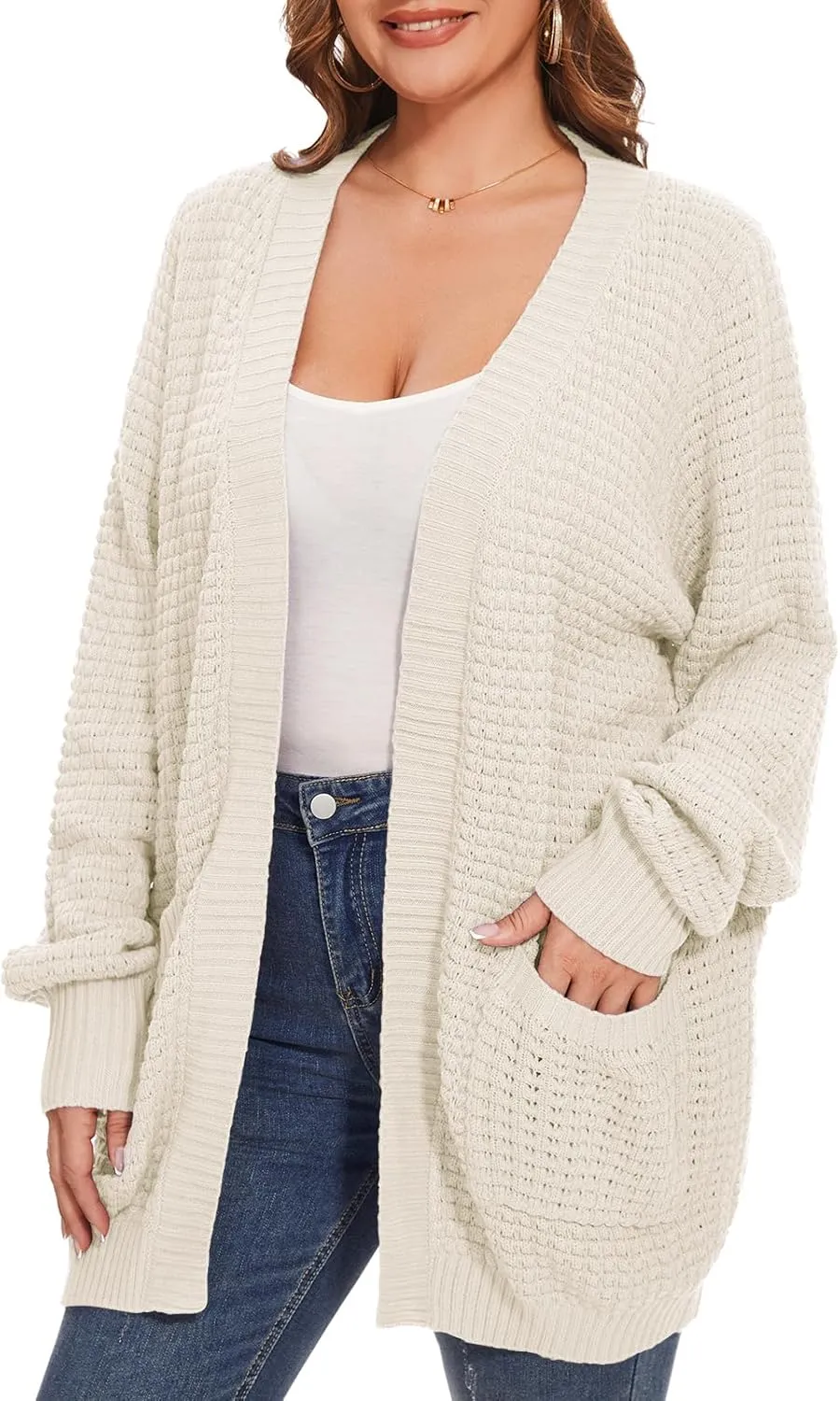 Cardigan Sweaters for Women Plus Size Waffle Knit Long Sleeve Womens Fall Open Front Sweaters Tops with Pockets