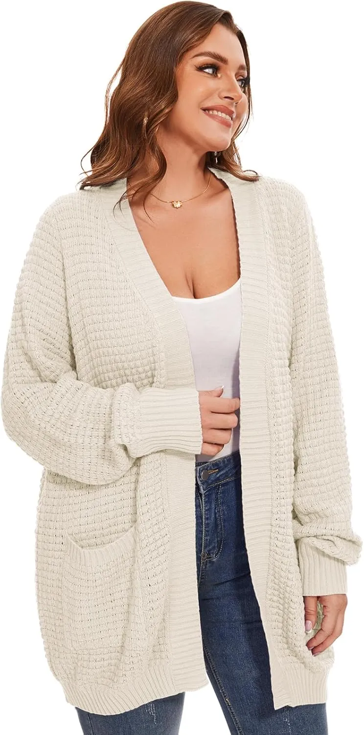 Cardigan Sweaters for Women Plus Size Waffle Knit Long Sleeve Womens Fall Open Front Sweaters Tops with Pockets