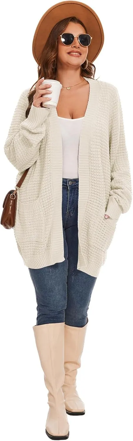 Cardigan Sweaters for Women Plus Size Waffle Knit Long Sleeve Womens Fall Open Front Sweaters Tops with Pockets