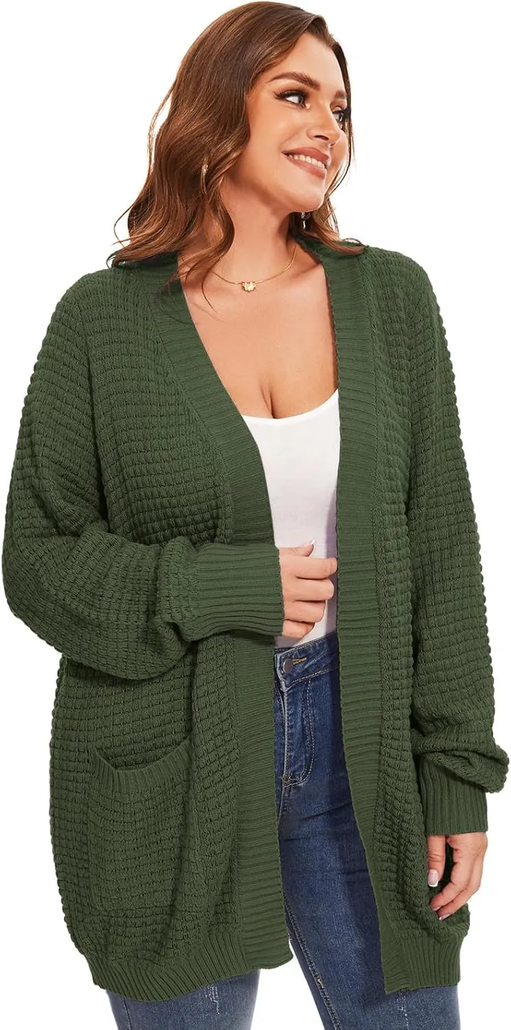 Cardigan Sweaters for Women Plus Size Waffle Knit Long Sleeve Womens Fall Open Front Sweaters Tops with Pockets