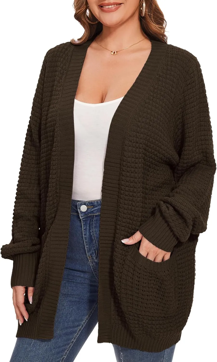 Cardigan Sweaters for Women Plus Size Waffle Knit Long Sleeve Womens Fall Open Front Sweaters Tops with Pockets