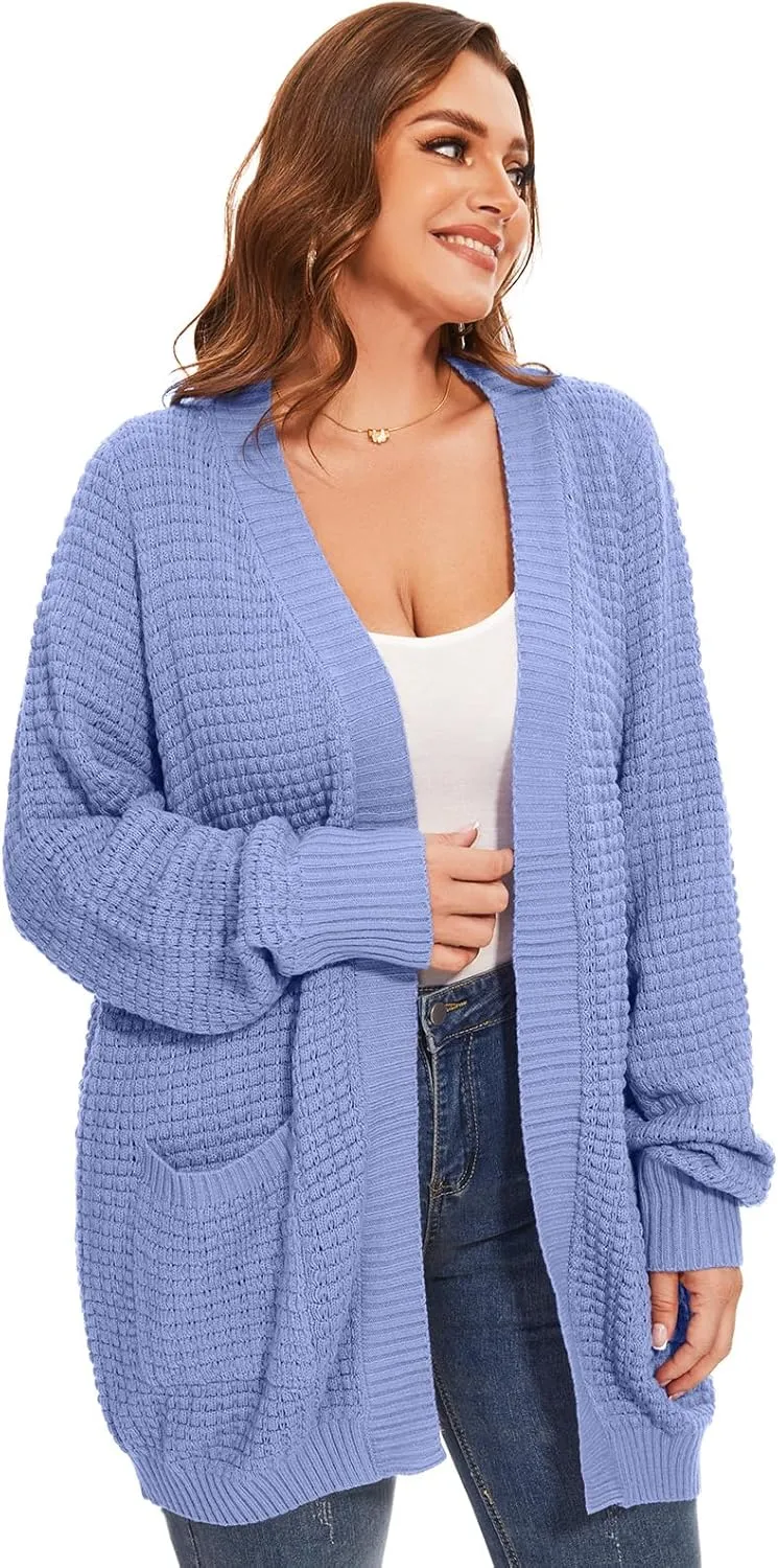 Cardigan Sweaters for Women Plus Size Waffle Knit Long Sleeve Womens Fall Open Front Sweaters Tops with Pockets