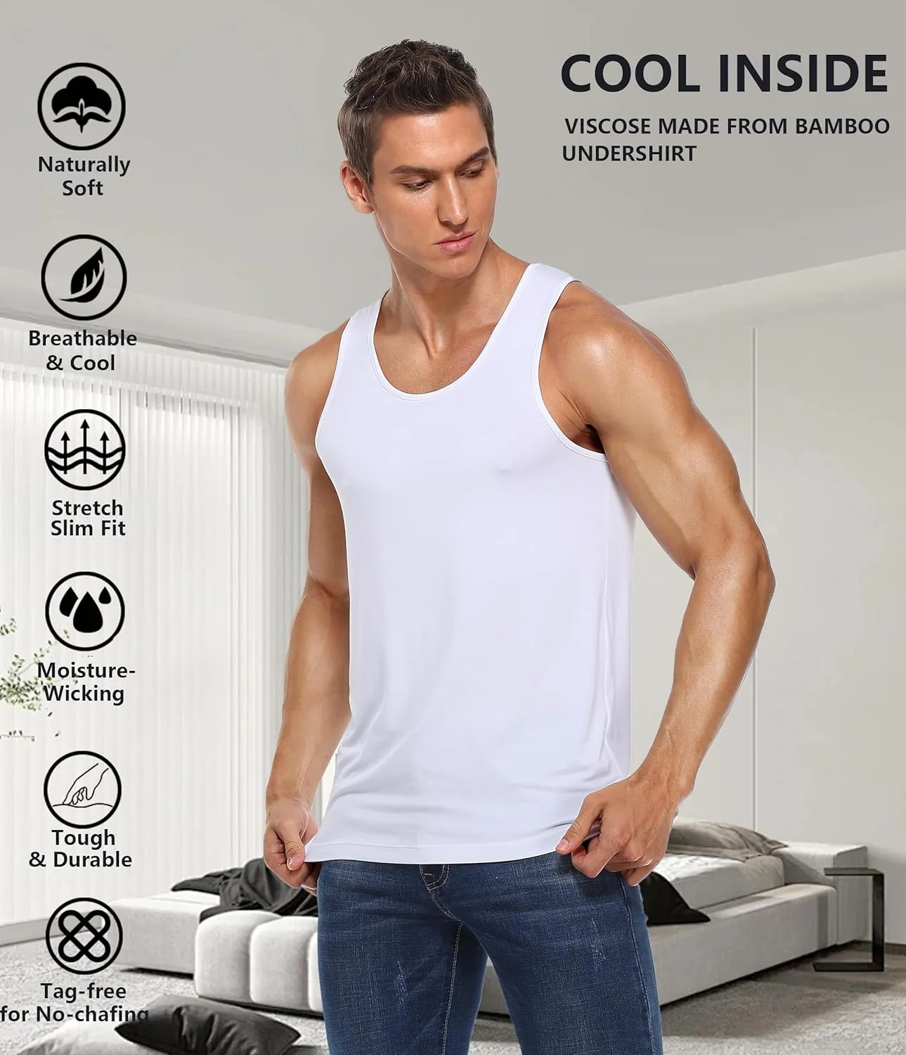 CF Men's Undershirts Bamboo Viscose Tank Tops Men Crew Neck Moisture Wicking Tank Shirts 3/5 Pack