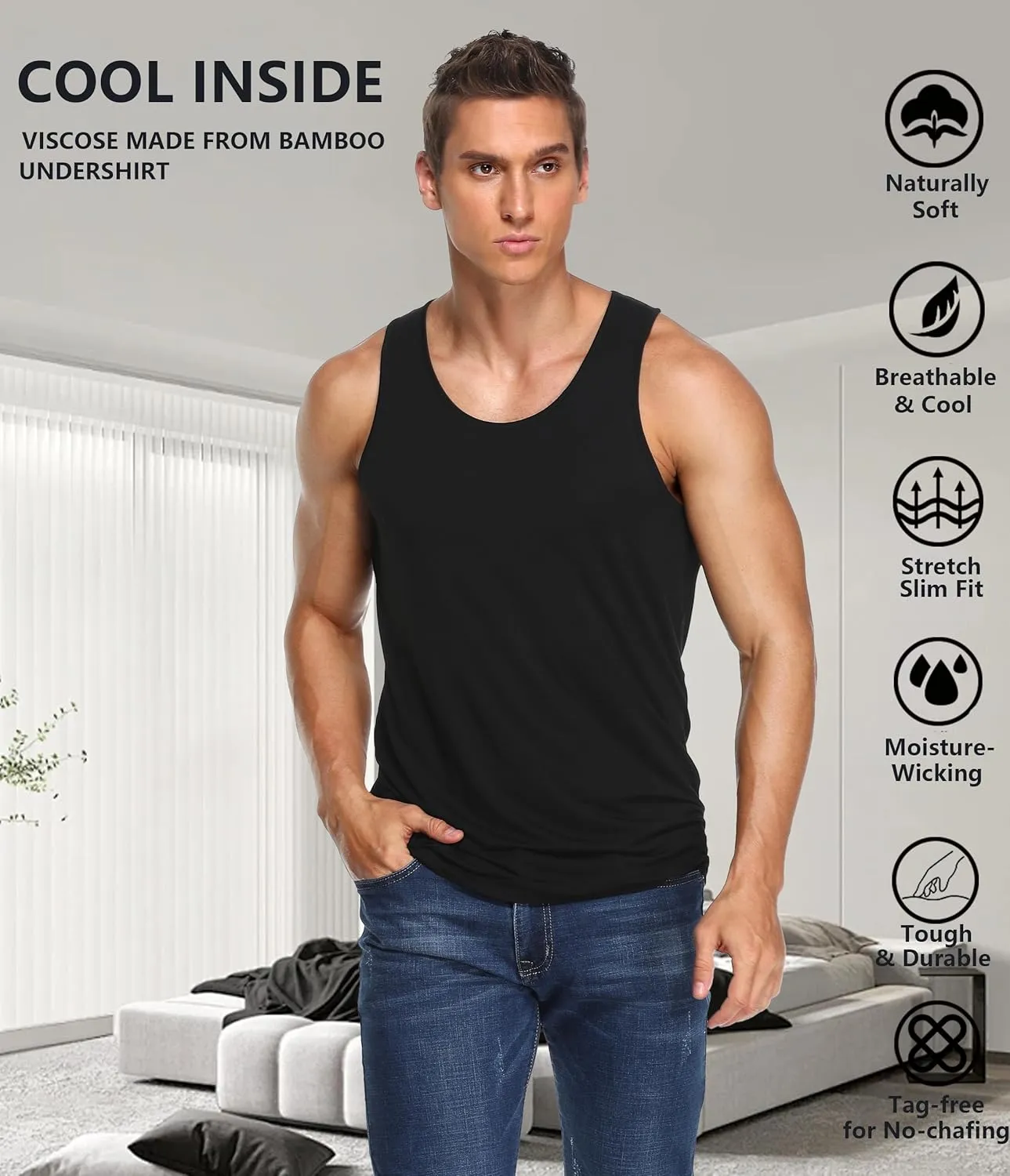 CF Men's Undershirts Bamboo Viscose Tank Tops Men Crew Neck Moisture Wicking Tank Shirts 3/5 Pack