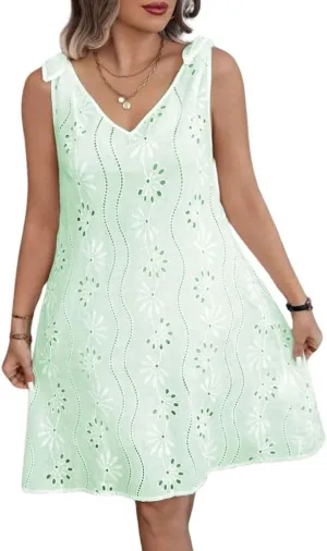 chouyatou Women's 2025 Eyelet Lace Embroidery Mini Dress Sexy Tie Knot Spaghetti Strap Sleeveless Party Sun Dress