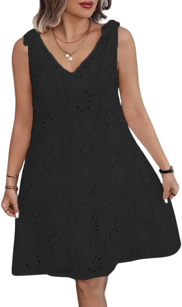 chouyatou Women's 2025 Eyelet Lace Embroidery Mini Dress Sexy Tie Knot Spaghetti Strap Sleeveless Party Sun Dress