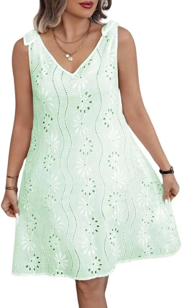 chouyatou Women's 2025 Eyelet Lace Embroidery Mini Dress Sexy Tie Knot Spaghetti Strap Sleeveless Party Sun Dress