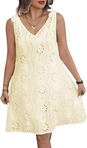 chouyatou Women's 2025 Eyelet Lace Embroidery Mini Dress Sexy Tie Knot Spaghetti Strap Sleeveless Party Sun Dress