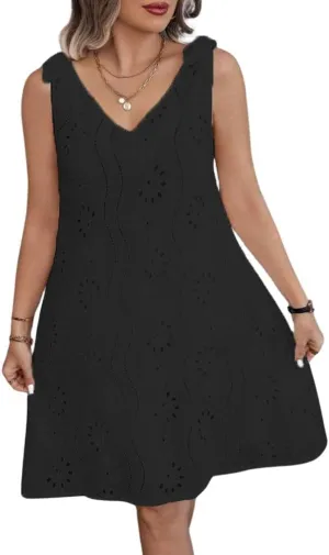 chouyatou Women's 2025 Eyelet Lace Embroidery Mini Dress Sexy Tie Knot Spaghetti Strap Sleeveless Party Sun Dress