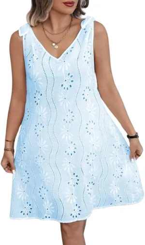 chouyatou Women's 2025 Eyelet Lace Embroidery Mini Dress Sexy Tie Knot Spaghetti Strap Sleeveless Party Sun Dress