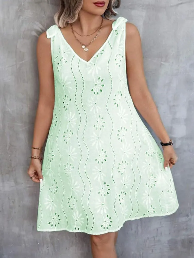 chouyatou Women's 2025 Eyelet Lace Embroidery Mini Dress Sexy Tie Knot Spaghetti Strap Sleeveless Party Sun Dress
