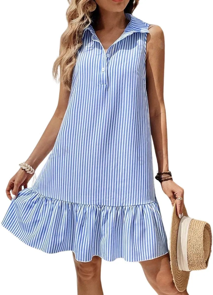 chouyatou Women's Casual Striped Ruffle Shirt Mini Dress Button Up Sleeveless Beach Party Tank Sun Dress