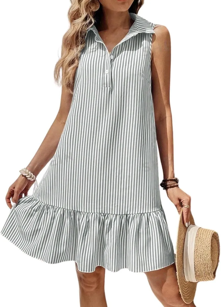 chouyatou Women's Casual Striped Ruffle Shirt Mini Dress Button Up Sleeveless Beach Party Tank Sun Dress