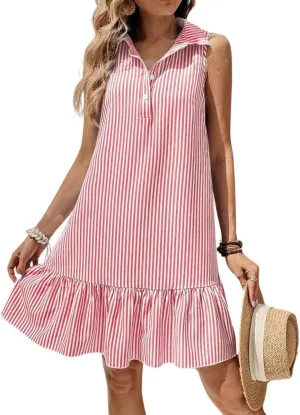 chouyatou Women's Casual Striped Ruffle Shirt Mini Dress Button Up Sleeveless Beach Party Tank Sun Dress