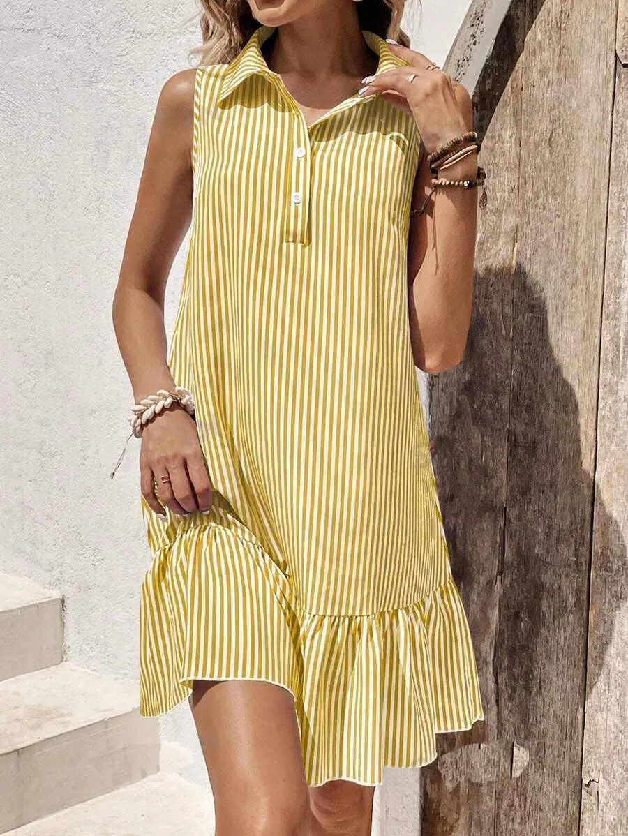 chouyatou Women's Casual Striped Ruffle Shirt Mini Dress Button Up Sleeveless Beach Party Tank Sun Dress
