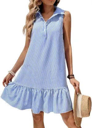 chouyatou Women's Casual Striped Ruffle Shirt Mini Dress Button Up Sleeveless Beach Party Tank Sun Dress