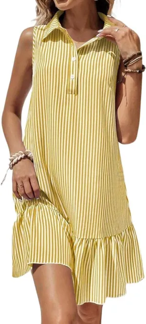 chouyatou Women's Casual Striped Ruffle Shirt Mini Dress Button Up Sleeveless Beach Party Tank Sun Dress