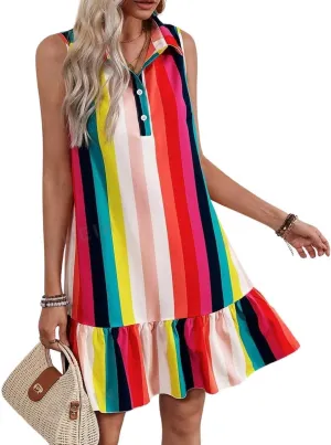 chouyatou Women's Casual Striped Ruffle Shirt Mini Dress Button Up Sleeveless Beach Party Tank Sun Dress
