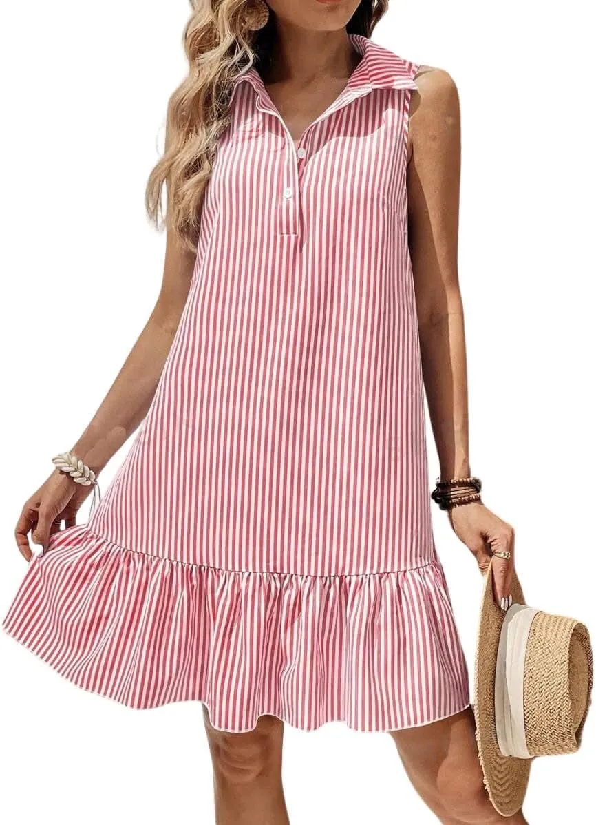chouyatou Women's Casual Striped Ruffle Shirt Mini Dress Button Up Sleeveless Beach Party Tank Sun Dress