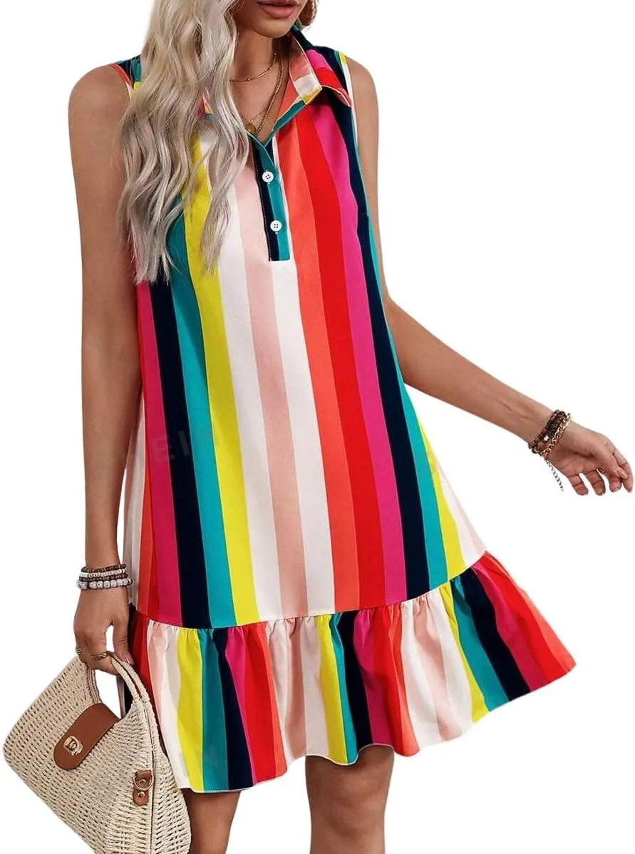 chouyatou Women's Casual Striped Ruffle Shirt Mini Dress Button Up Sleeveless Beach Party Tank Sun Dress