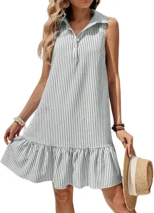 chouyatou Women's Casual Striped Ruffle Shirt Mini Dress Button Up Sleeveless Beach Party Tank Sun Dress