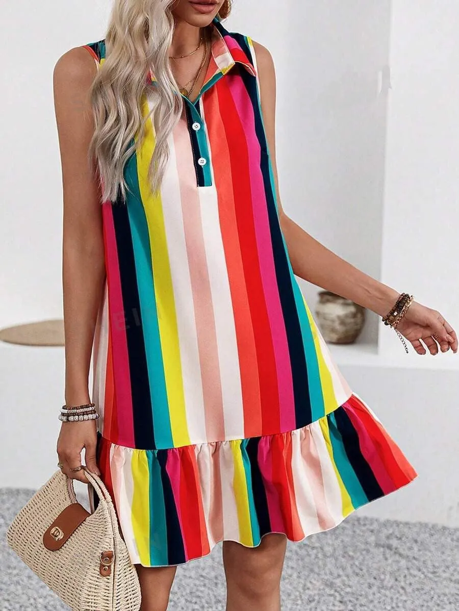 chouyatou Women's Casual Striped Ruffle Shirt Mini Dress Button Up Sleeveless Beach Party Tank Sun Dress