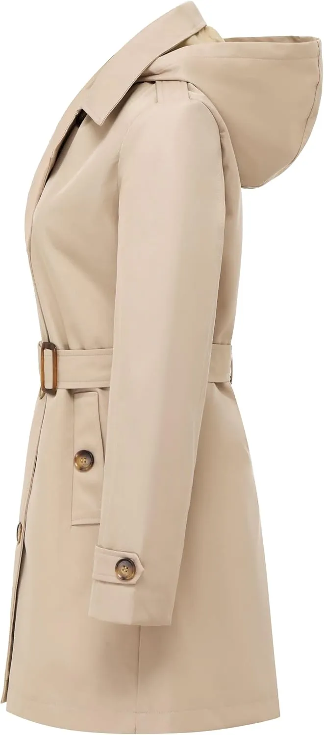 Chrisuno Women's Double Breasted Trench Coats Mid-Length Belted Overcoat Long Dress Jacket with Detachable Hood