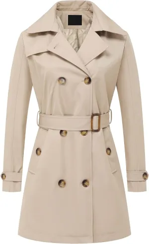 Chrisuno Women's Double Breasted Trench Coats Mid-Length Belted Overcoat Long Dress Jacket with Detachable Hood