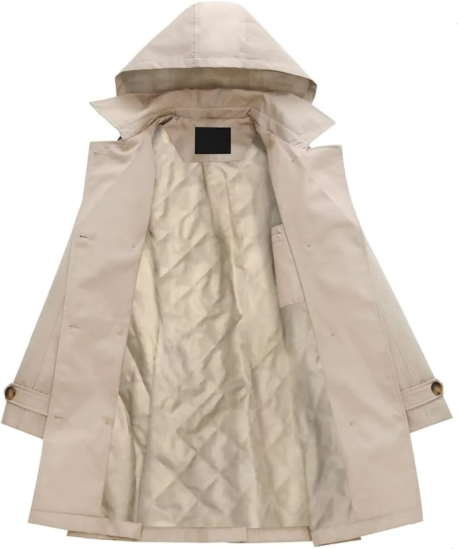 Chrisuno Women's Double Breasted Trench Coats Mid-Length Belted Overcoat Long Dress Jacket with Detachable Hood