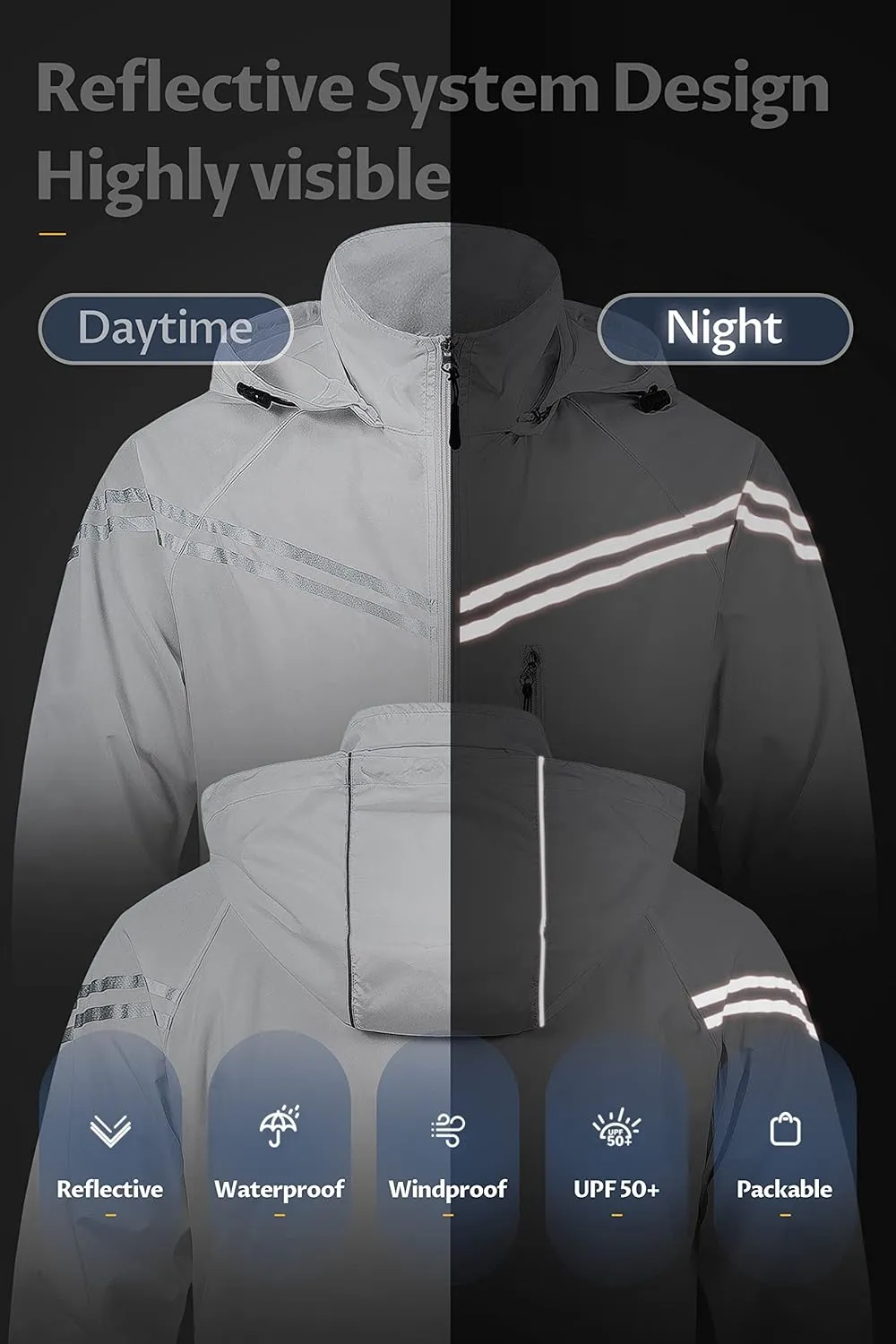 CREATMO US Men's Packable Waterproof Running Rain Coats Reflective Cycling Jacket Windbreaker With Removable Hood