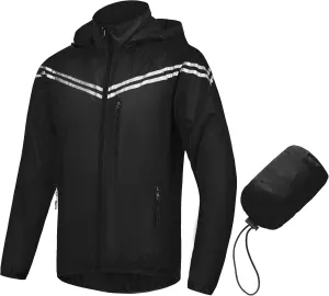CREATMO US Men's Packable Waterproof Running Rain Coats Reflective Cycling Jacket Windbreaker With Removable Hood