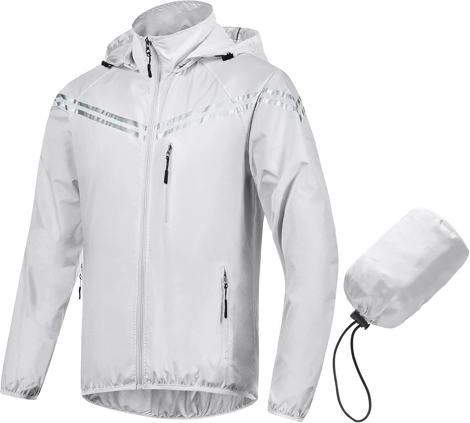 CREATMO US Men's Packable Waterproof Running Rain Coats Reflective Cycling Jacket Windbreaker With Removable Hood