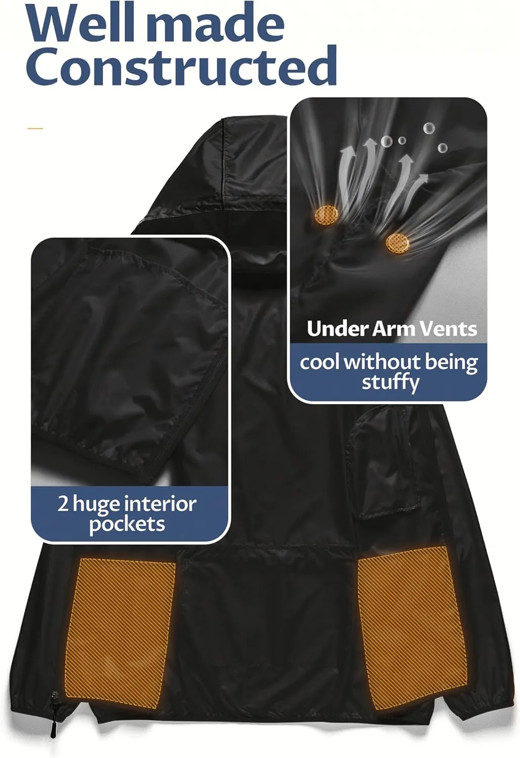 CREATMO US Men's Packable Waterproof Running Rain Coats Reflective Cycling Jacket Windbreaker With Removable Hood