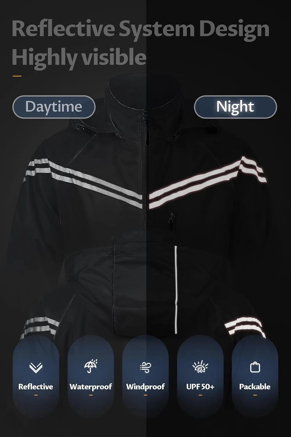 CREATMO US Men's Packable Waterproof Running Rain Coats Reflective Cycling Jacket Windbreaker With Removable Hood
