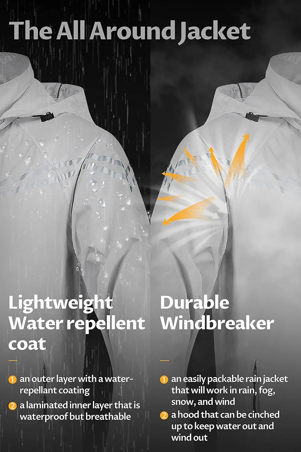 CREATMO US Men's Packable Waterproof Running Rain Coats Reflective Cycling Jacket Windbreaker With Removable Hood