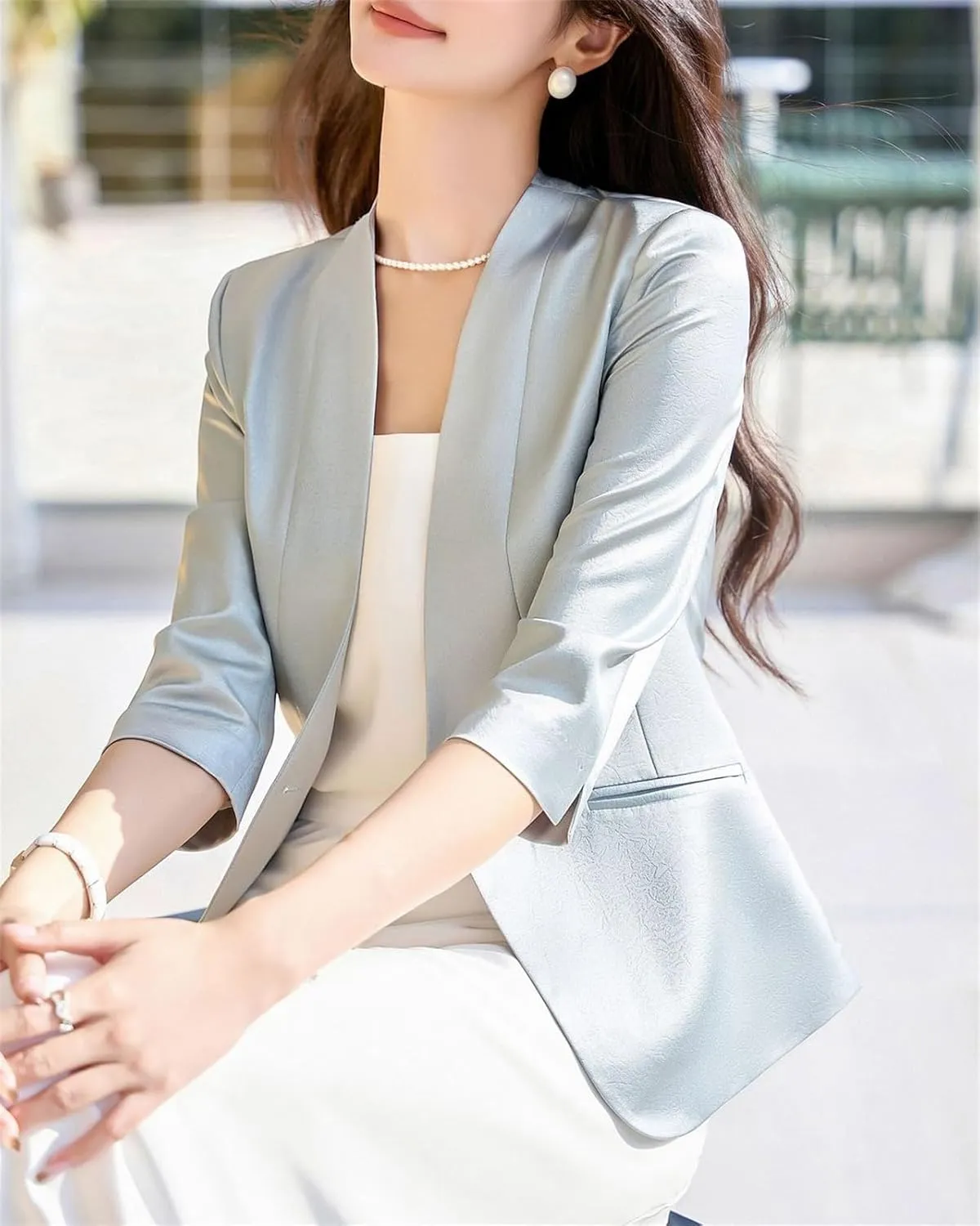 Cromoncent Women's Silk Satin Blazers 3/4 Sleeve Lightweight Work Office Jacket