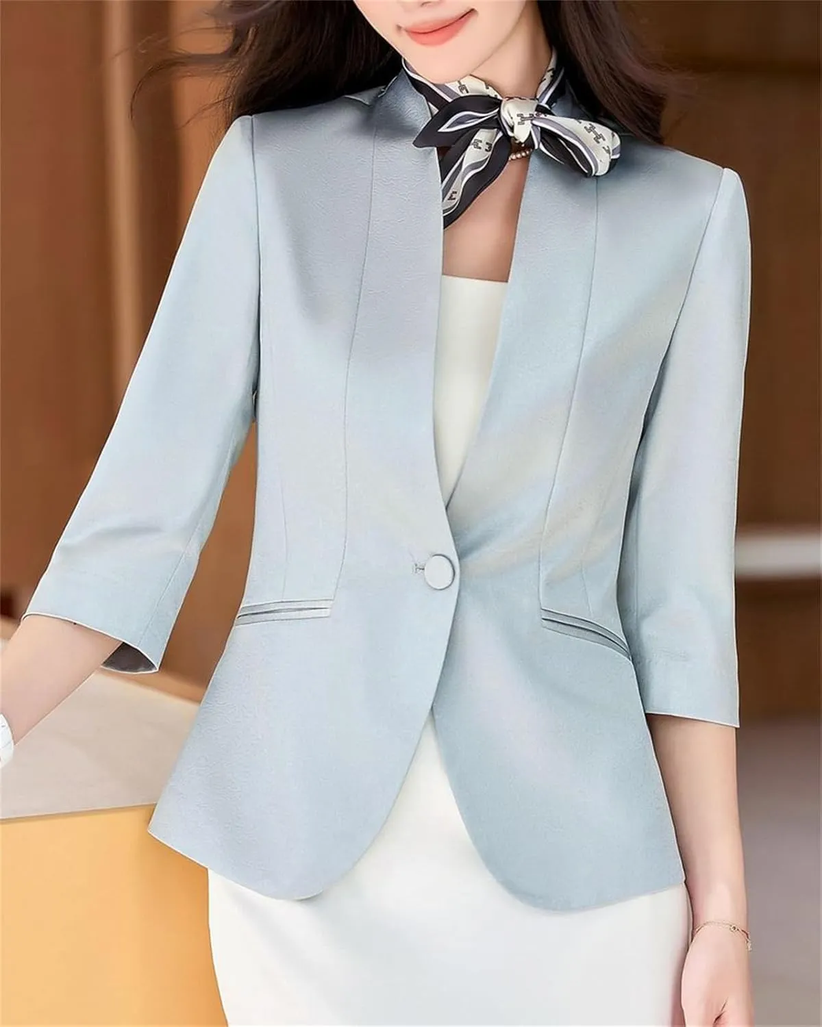 Cromoncent Women's Silk Satin Blazers 3/4 Sleeve Lightweight Work Office Jacket