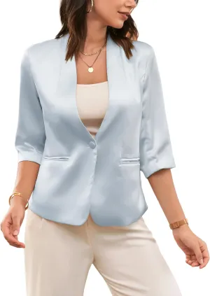 Cromoncent Women's Silk Satin Blazers 3/4 Sleeve Lightweight Work Office Jacket