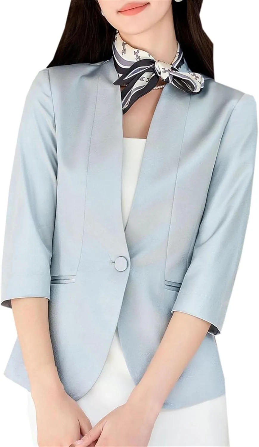 Cromoncent Women's Silk Satin Blazers 3/4 Sleeve Lightweight Work Office Jacket