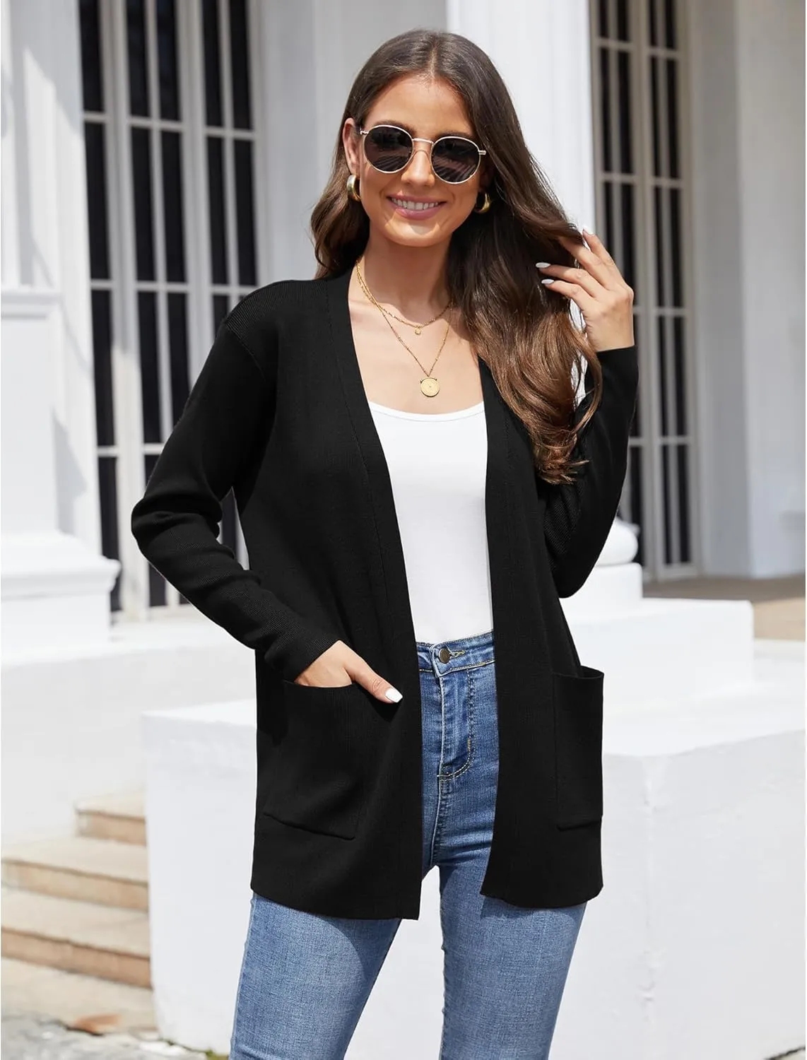 CZYINXIAN Women's Casual Long Sleeve Open Front Cardigan Sweaters Trendy Knit Lightweight Cardigans with Pockets
