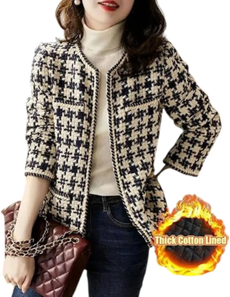 DAYISS Womens Tweed Blazer Long Sleeve Jacket Fully Lined Casual Business Elegant Work Office Coat Plaid Tweed Suit Jacket