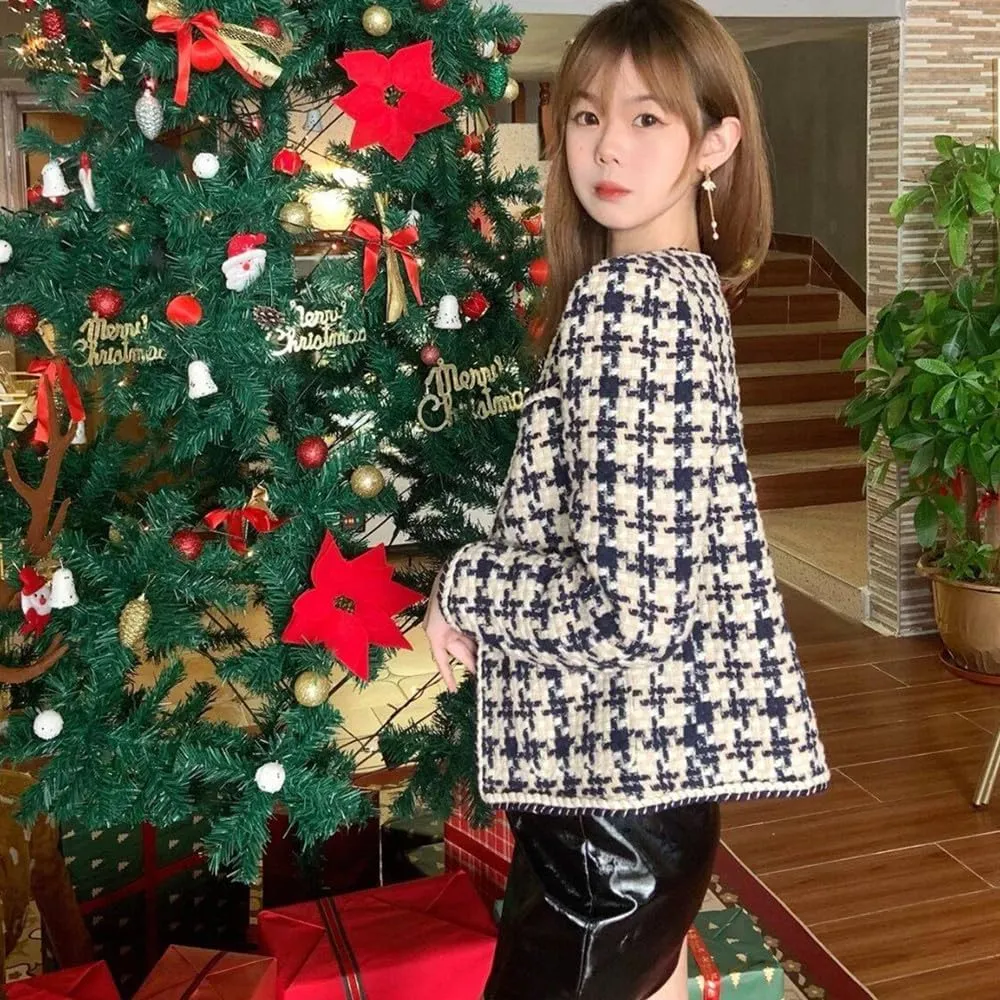 DAYISS Womens Tweed Blazer Long Sleeve Jacket Fully Lined Casual Business Elegant Work Office Coat Plaid Tweed Suit Jacket