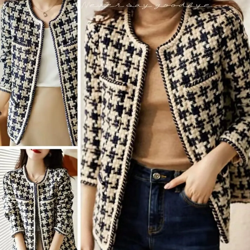 DAYISS Womens Tweed Blazer Long Sleeve Jacket Fully Lined Casual Business Elegant Work Office Coat Plaid Tweed Suit Jacket