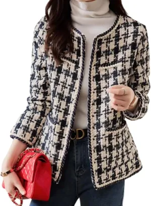 DAYISS Womens Tweed Blazer Long Sleeve Jacket Fully Lined Casual Business Elegant Work Office Coat Plaid Tweed Suit Jacket