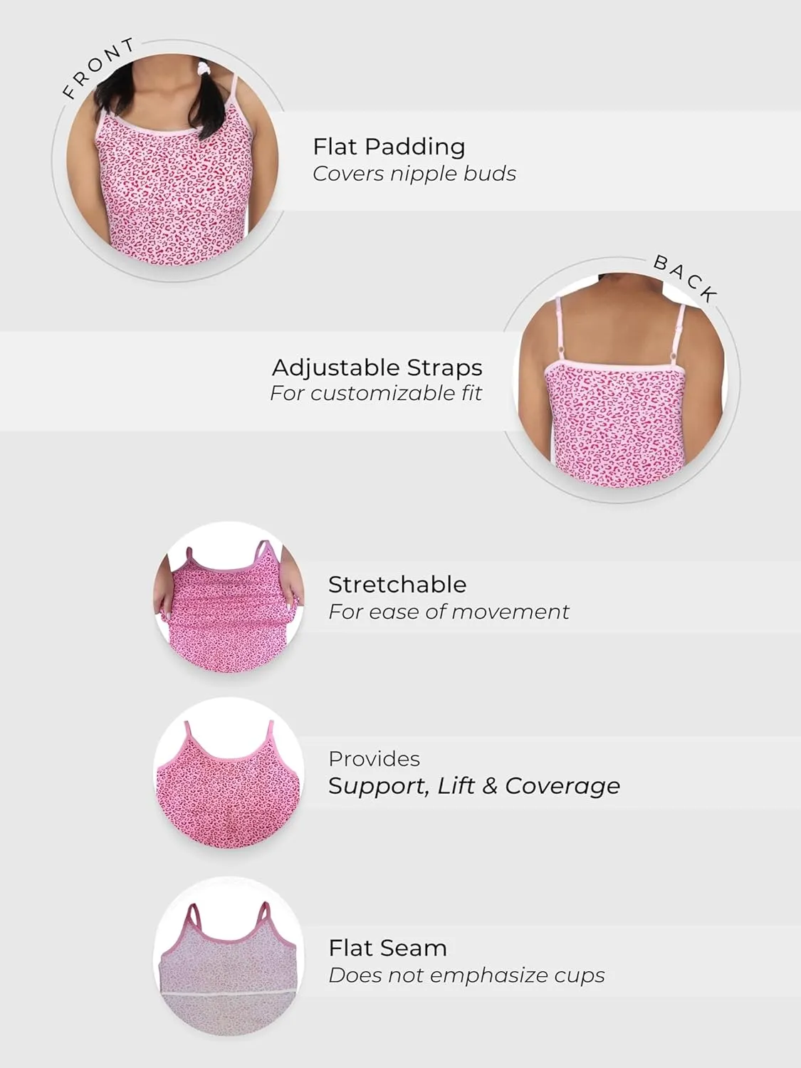 DChica Padded Camisole Bra for Girls, Teen & Young Women Round Neck Padded Undershirts for Summer Occasion
