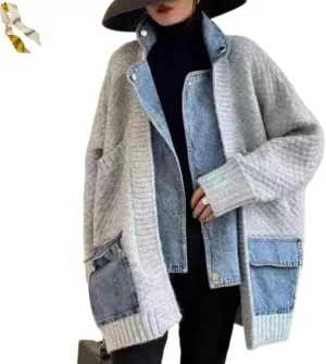 Dearlassie Denim Cardigan,Women Loose Jean Sweater with Pockets,Fall Causal Patchwork Button Down Knit Jacket Outerwear