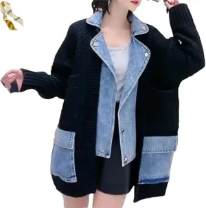 Dearlassie Denim Cardigan,Women Loose Jean Sweater with Pockets,Fall Causal Patchwork Button Down Knit Jacket Outerwear