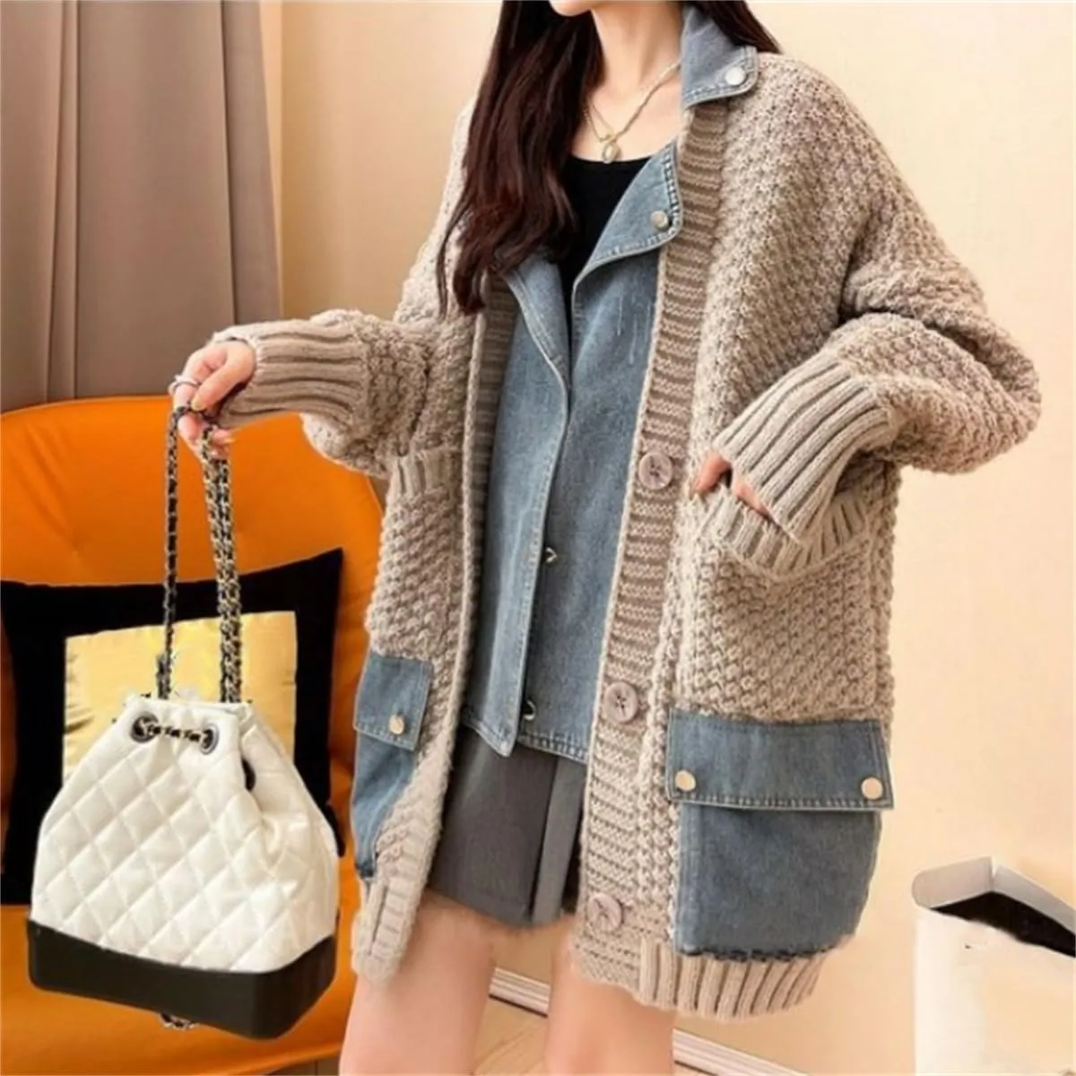 Dearlassie Denim Cardigan,Women Loose Jean Sweater with Pockets,Fall Causal Patchwork Button Down Knit Jacket Outerwear